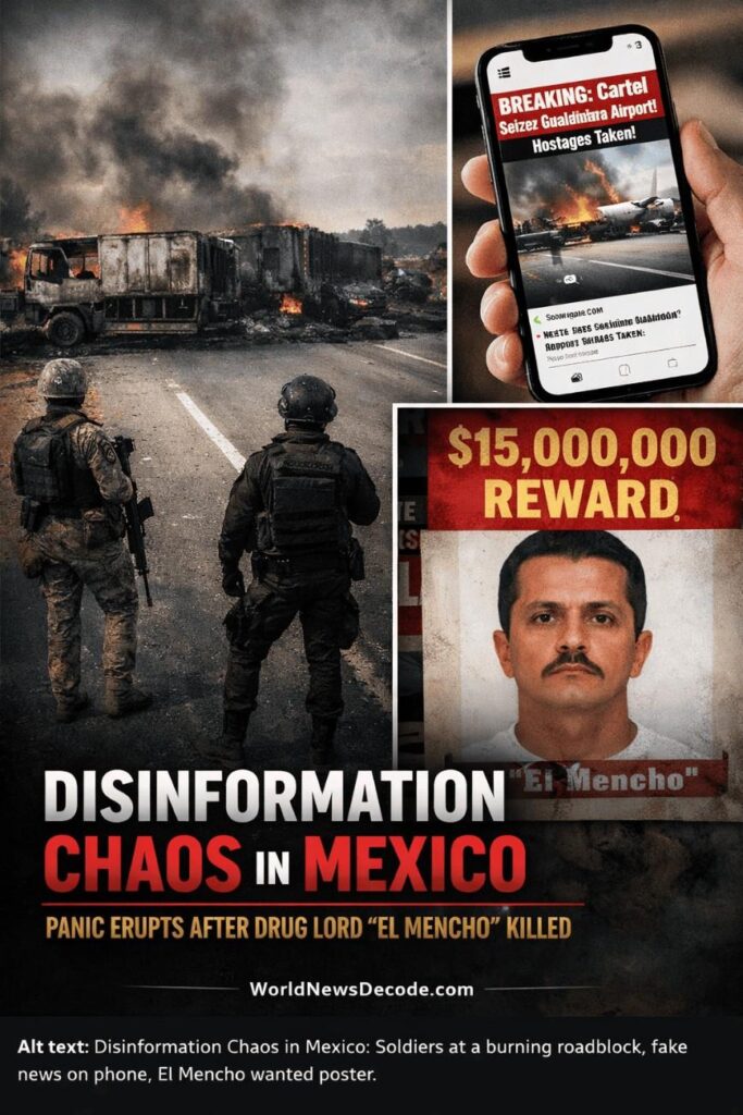 Mexican soldiers stand near burning roadblocks in Guadalajara after the killing of Nemesio Oseguera Cervantes, as fake social media posts spread panic online.