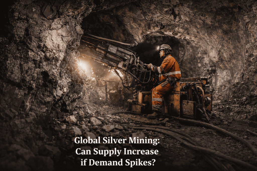 Miner extracting silver ore inside an underground mine showing challenges in increasing global silver supply