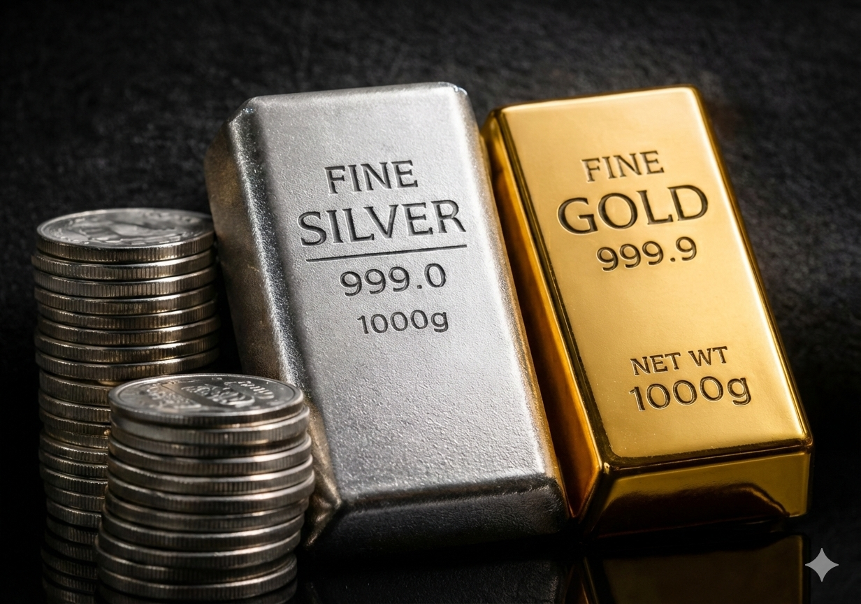 Fine silver bar and fine gold bar with stacked coins representing gold vs silver investment
