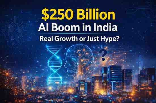 AI investment India 2026 showing $250 billion AI boom with digital brain and futuristic skyline