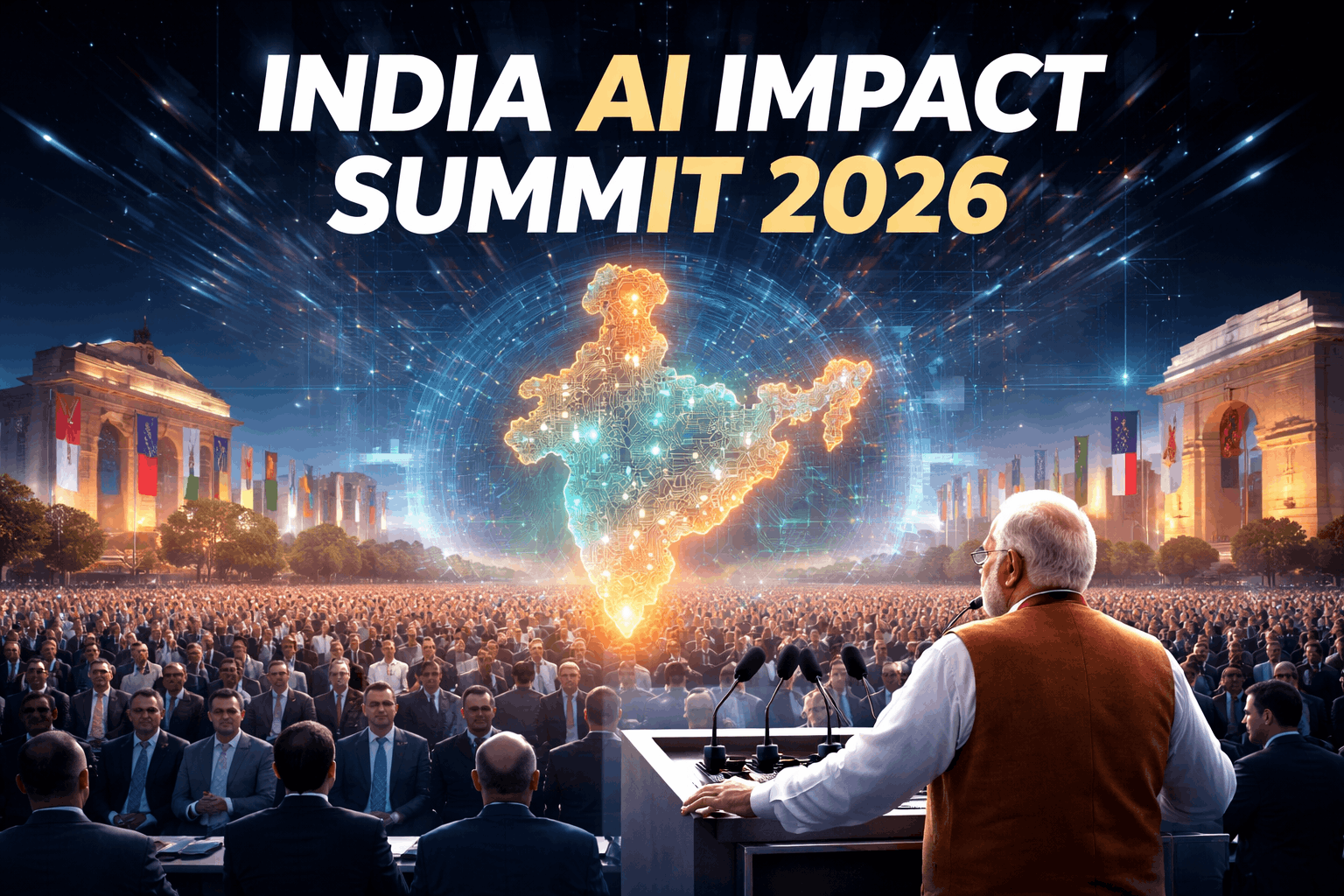 Indian Prime Minister Narendra Modi addressing a massive crowd at the India AI Impact Summit 2026 in New Delhi, with a glowing digital map of India symbolizing artificial intelligence and global participation.
