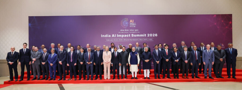 PM in a group photograph during CEOs Roundtable meeting at India AI Impact Summit 2026