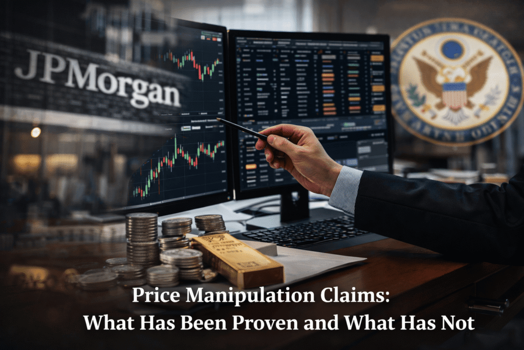 Conceptual image showing financial institutions and regulation related to silver price manipulation claims