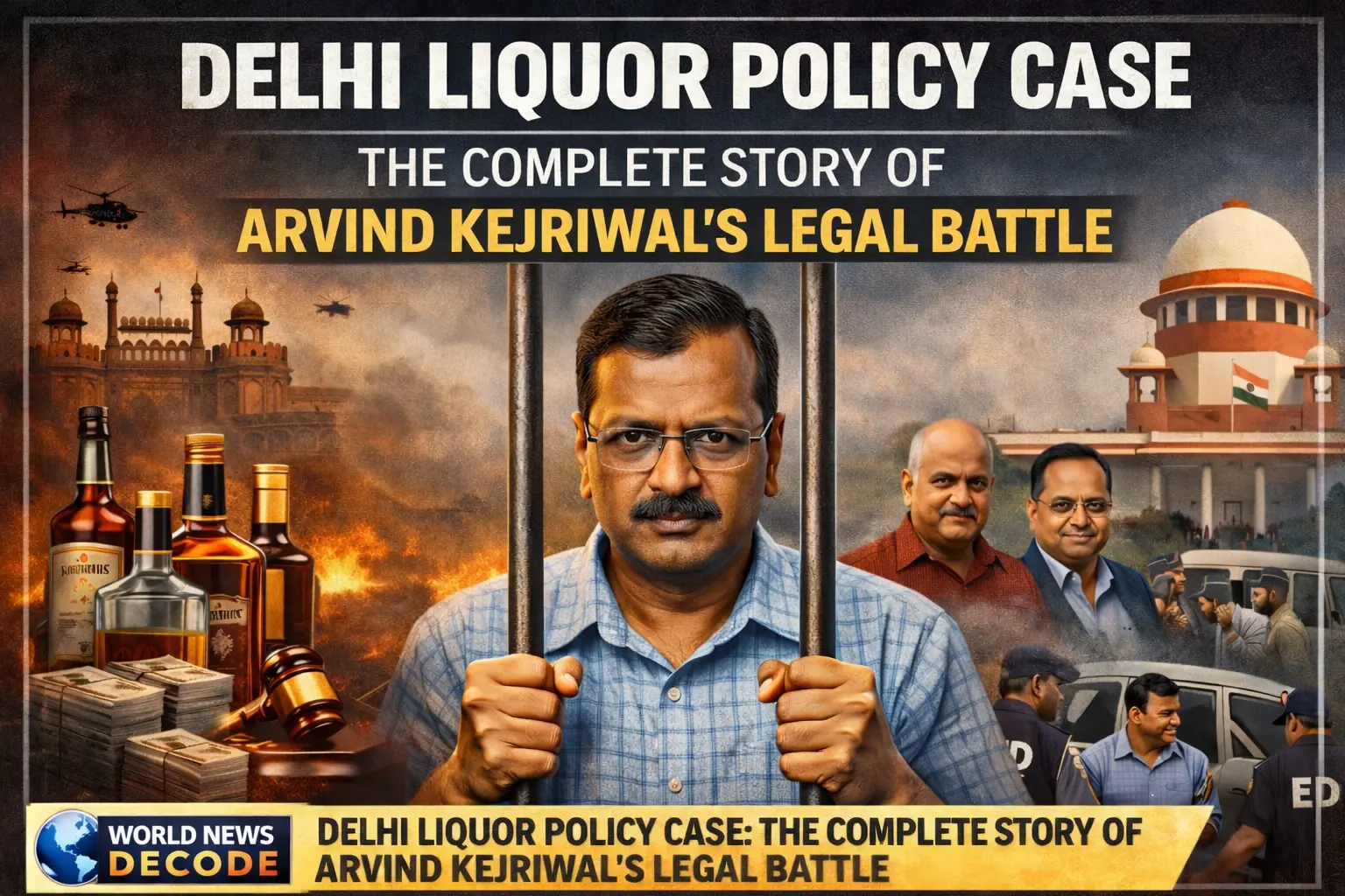 Delhi Liquor Policy Case poster showing Arvind Kejriwal and the complete story of his legal battle in the Delhi excise policy investigation