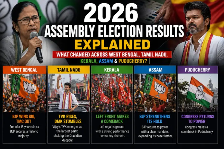 2026 India Assembly Election Results infographic showing outcomes in West Bengal, Tamil Nadu, Kerala, Assam and Puducherry