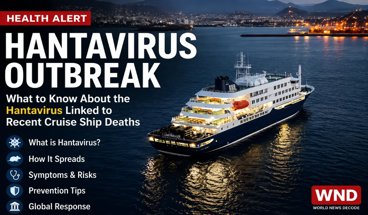 Expedition cruise ship MV Hondius at sea during the 2026 hantavirus outbreak, with health alert text explaining symptoms, spread, prevention, and global response.