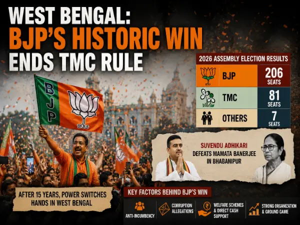 West Bengal 2026 Assembly Election Results showing BJP victory over TMC with seat distribution and key highlights