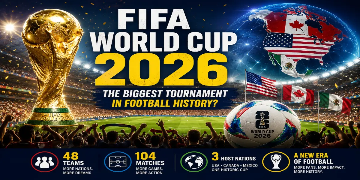 FIFA World Cup 2026 trophy in a packed stadium highlighting the biggest football tournament in history with 48 teams, 104 matches, and three host nations.