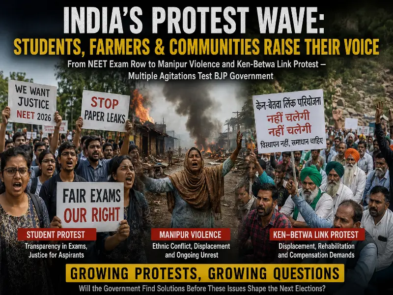 ndia's ongoing protest movements involving students, farmers and communities, including the NEET exam controversy, Manipur violence and Ken-Betwa Link Project protests.